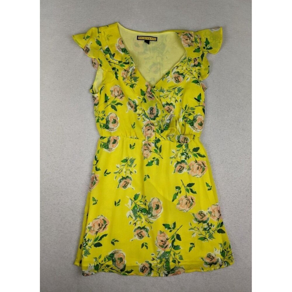 Prince & Fox Women's Dress Size Small Yellow Floral Print Cap Sleeve Ruffle
